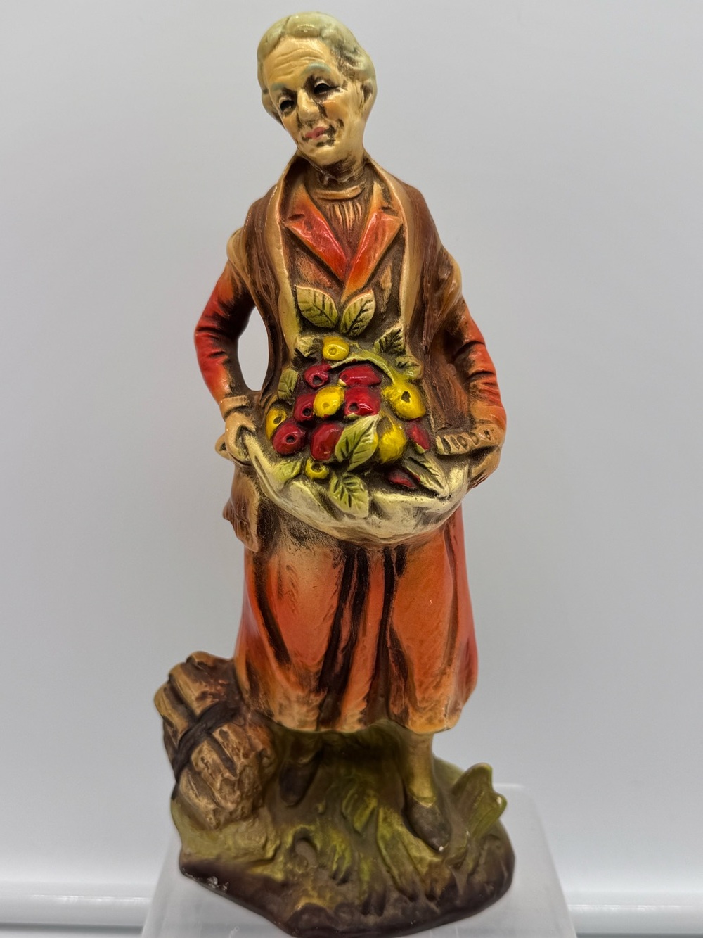 Vintage Old Woman Fruit Basket Figurine Cottage Farmhouse Decor
